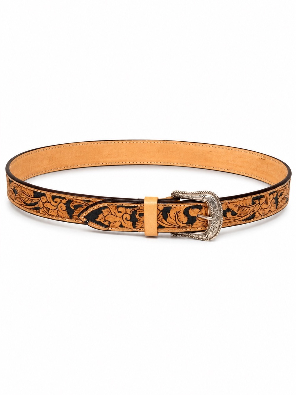 Tooled Leather Belt - black Tan handmade